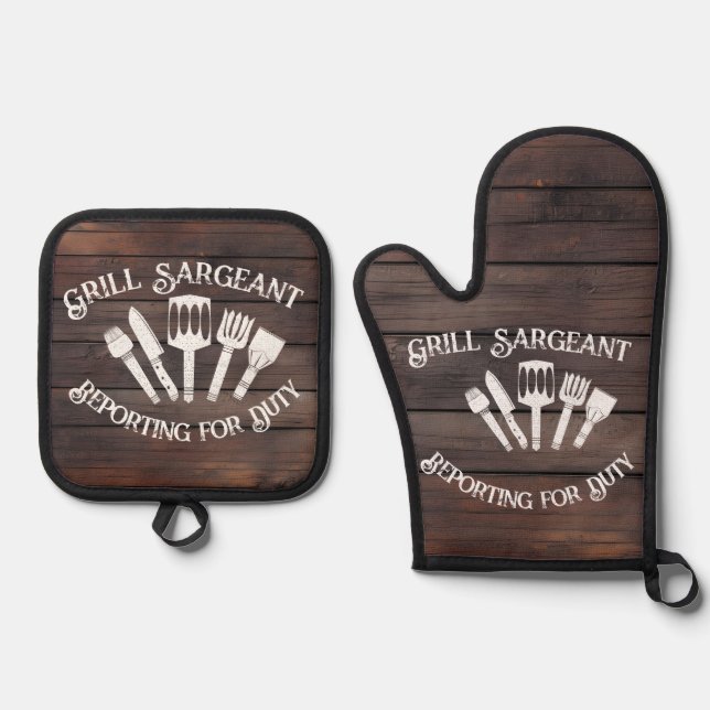 Funny Grilling Gift for Men: Grill Sargeant  Oven Mitt & Pot Holder Set (Front)