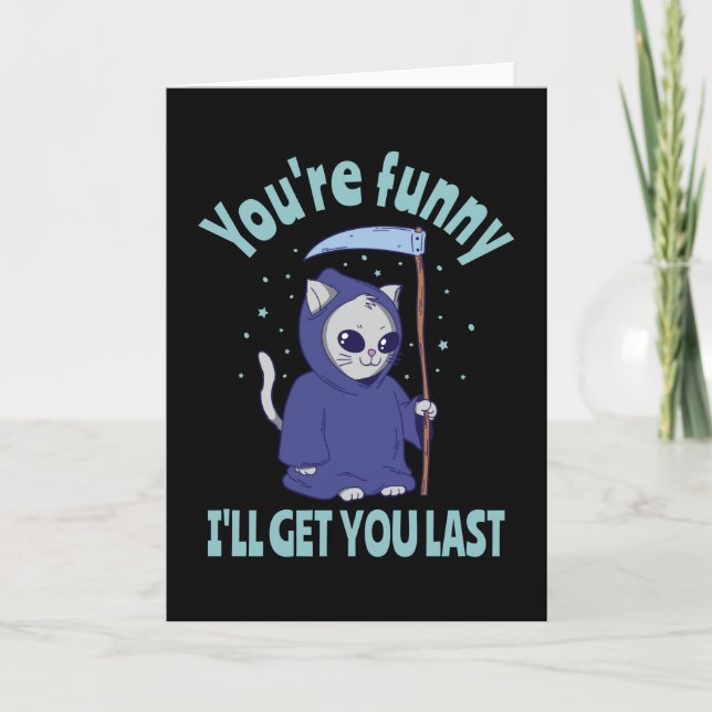 Funny Grim Reaper Cat Halloween Costume Card (Front)