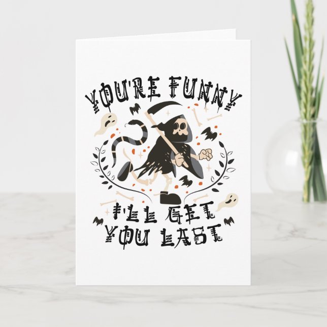 Funny Grim Reaper Skeleton Halloween Costume Card (Front)
