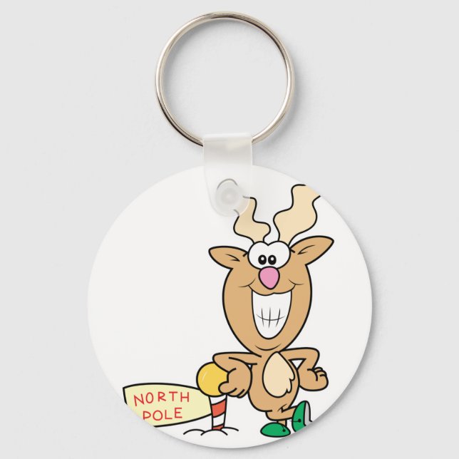 Funny Grinning Reindeer at North Pole Key Ring (Front)