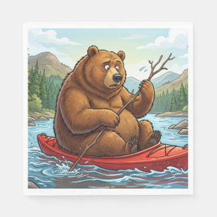 Funny Grizzly Bear in Kayak Cartoon Napkin