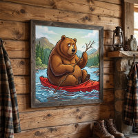 Funny Grizzly Bear in Kayak Cartoon