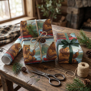Funny Grizzly Bear in Kayak Cartoon Wrapping Paper
