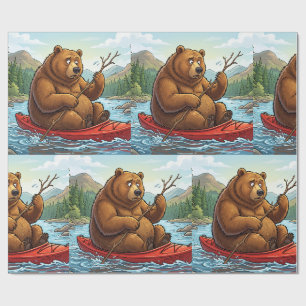 Funny Grizzly Bear in Kayak Cartoon Wrapping Paper