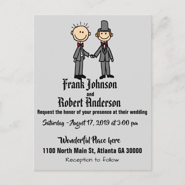 Funny Groom and Groom Gay Wedding Invitation Postcard (Front)