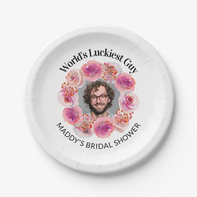 Funny Groom's Face Bachelorette Bright Floral Paper Plate (Front)