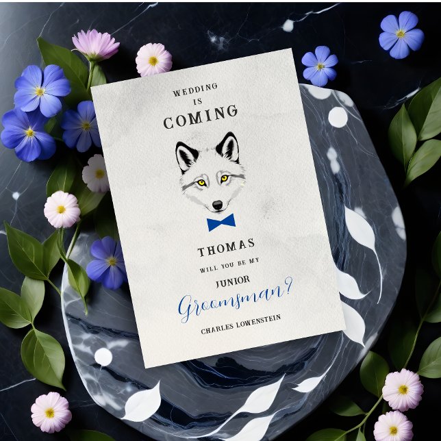 Funny Groomsman Blue Bow Tie Wedding Proposal  Invitation (Junior Groomsman Proposal Card with Blue Bow Tie and Grey Shades Design.)