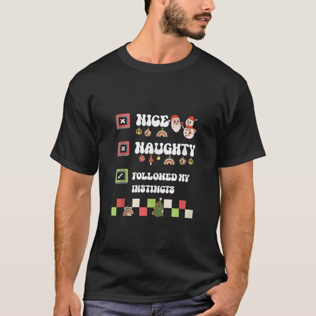 Funny Groovy Christmas Nice Naughty Check List San T-Shirt (Front)