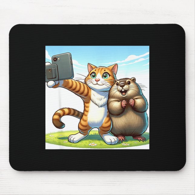 Funny Groundhog Day Cat Taking Selfie With Groundh Mouse Mat (Front)