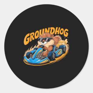 Funny Groundhog Go-kart Racing Happy Groundhog Day Classic Round Sticker