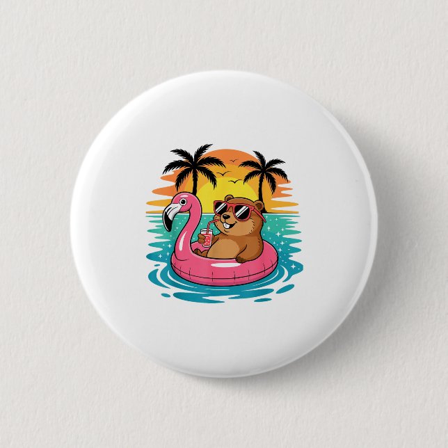 Funny Groundhog Hawaiian Flamingo Float Beach Summ 6 Cm Round Badge (Front)