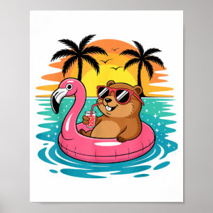 Funny Groundhog Hawaiian Flamingo Float Beach Summ Poster