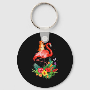 Funny Groundhog Riding Flamingo Flowers Wild Anima Key Ring