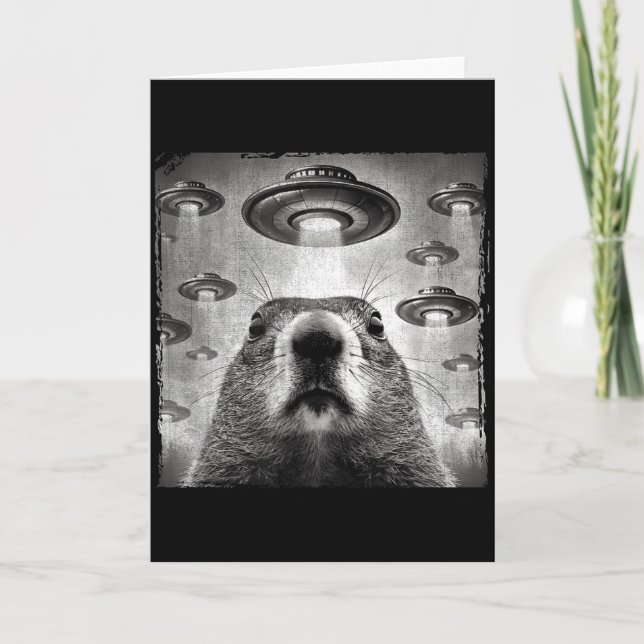 Funny Groundhog Selfie With Alien Ufos Groundhog D Card (Front)