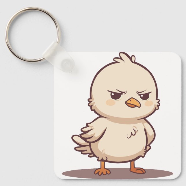 Funny Grumpy Baby Bird Kawaii Cartoon Key Ring (Front)