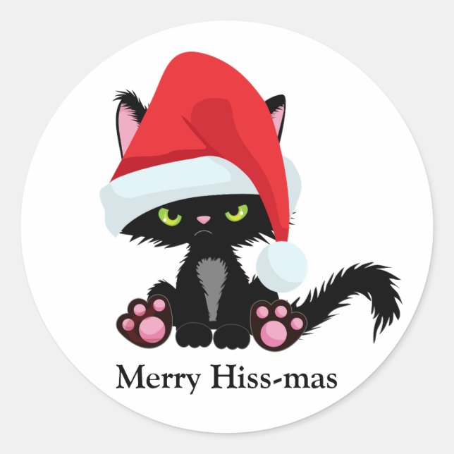 Funny Grumpy Black Cat Christmas Classic Round Sticker (Front)