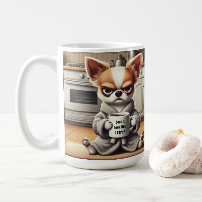 Funny Grumpy Cartoon Dog in Kitchen Scene Coffee Mug (With Donut)