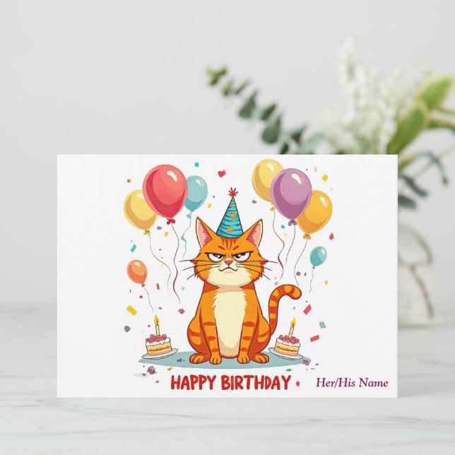 Funny Grumpy Cat Birthday Card – Balloon Overload (Standing Front)