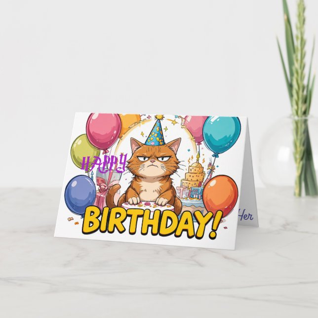 Funny Grumpy Cat Birthday Card – Cartoon Party Hum (Front)