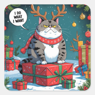 Funny Grumpy Cat Christmas Design – Fat Cat Square Sticker