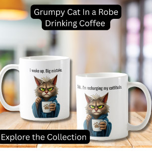 Funny Grumpy Cat in a Robe and Coffee Cat Mug