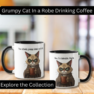 Funny Grumpy Cat in a Robe and Coffee Mug