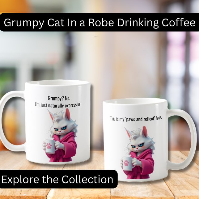 Funny Grumpy cat in a Robe and Coffee White Cat Coffee Mug (Funny Grumpy Cat in a Robe with Coffee.  Perfect gifts, Cat lovers, Coffee Lovers)