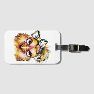 Funny Grumpy Chicken Blue Bow Luggage Tag