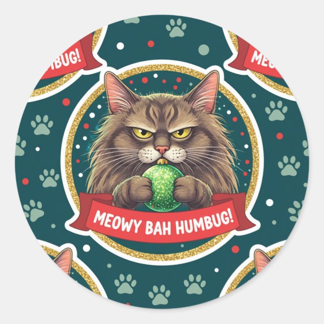 Funny Grumpy Christmas Cat Sticker – Ornament cat (Front)
