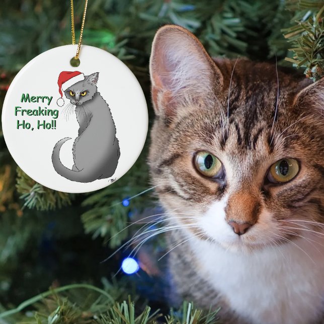 Funny Grumpy Christmas Grey Cat Holiday Humour Ceramic Tree Decoration (Creator Uploaded)