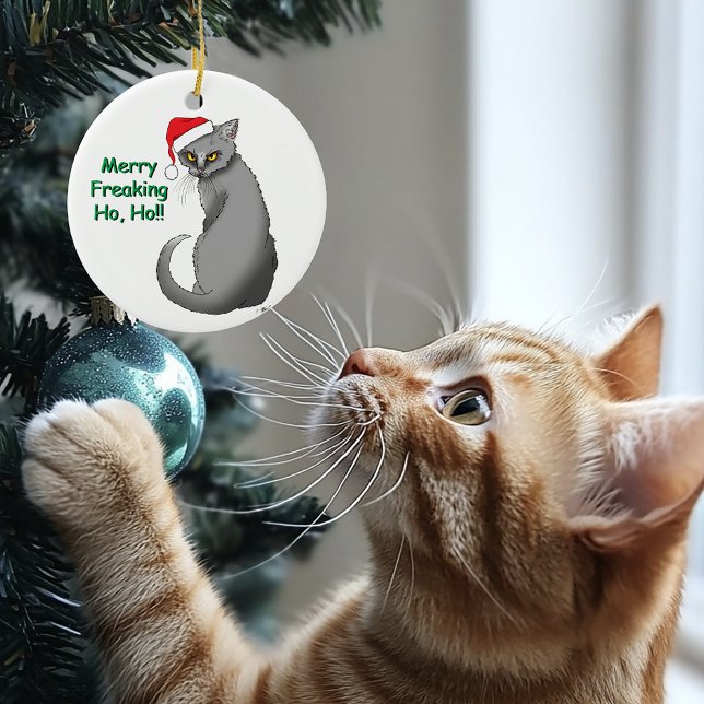 Funny Grumpy Christmas Grey Cat Holiday Humour Ceramic Tree Decoration (Creator Uploaded)