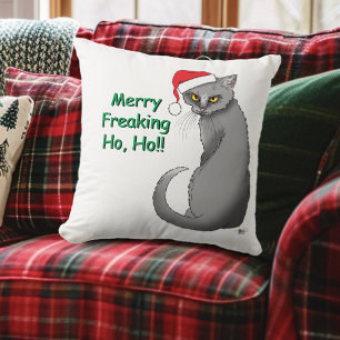 Funny Grumpy Christmas Grey Cat Holiday Humour Cushion