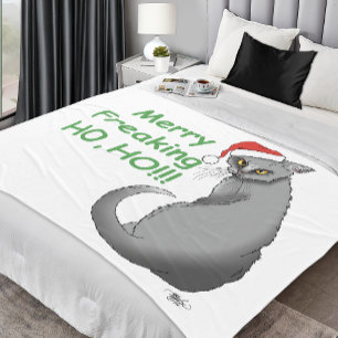Funny Grumpy Christmas Grey Cat Holiday Humour Fleece Blanket