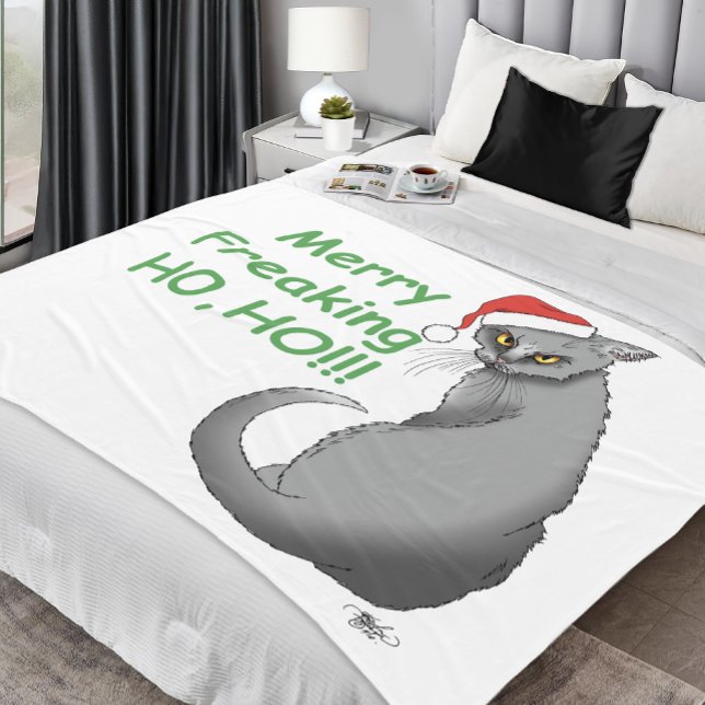 Funny Grumpy Christmas Grey Cat Holiday Humour Fleece Blanket (Creator Uploaded)