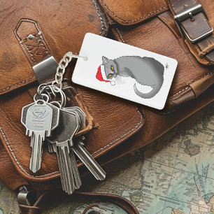 Funny Grumpy Christmas Grey Cat Holiday Humour Key Ring