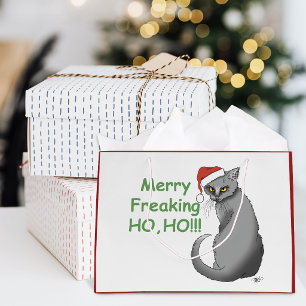 Funny Grumpy Christmas Grey Cat Holiday Humour Large Gift Bag
