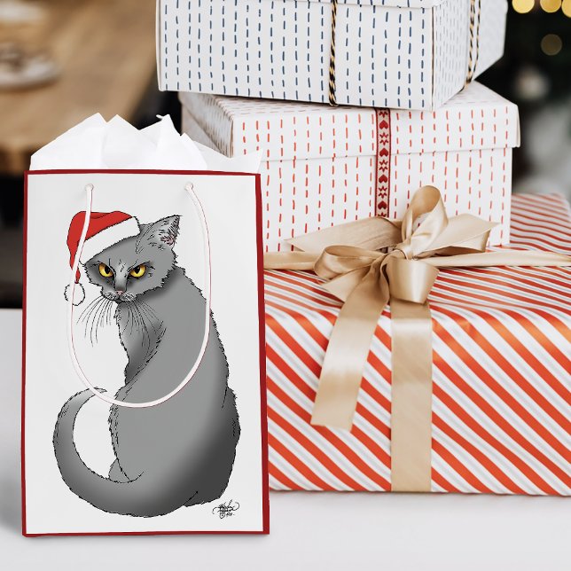 Funny Grumpy Christmas Grey Cat Holiday Humour Medium Gift Bag (Creator Uploaded)