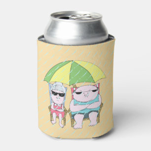 Funny Grumpy Couple at the Beach in Rain Art Can Cooler