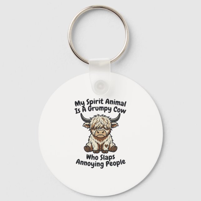 Funny Grumpy Cow Spirit Animal Graphic Tee_1 Key Ring (Front)
