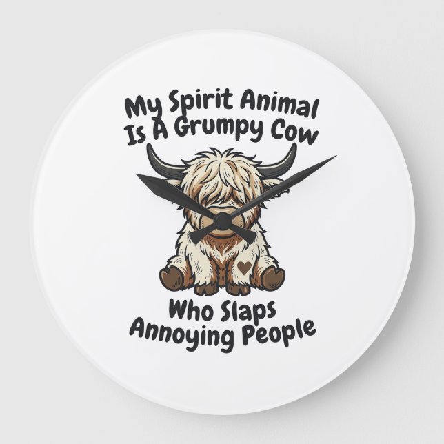 Funny Grumpy Cow Spirit Animal Graphic Tee_1 Large Clock (Front)