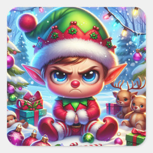 Funny Grumpy Elf Christmas Square Sticker