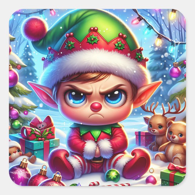 Funny Grumpy Elf Christmas Square Sticker (Front)