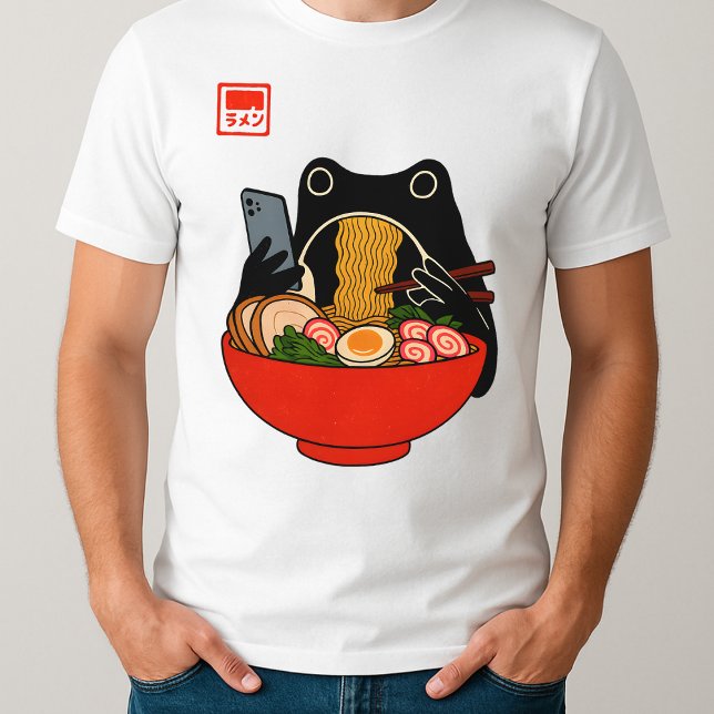 Funny Grumpy Frog Eat Ramen and Scroll Phone Art T-Shirt (Creator Uploaded)
