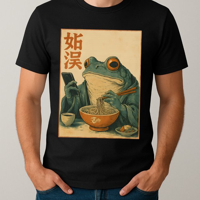 Funny Grumpy Frog Eat Ramen and Scroll Phone Art T-Shirt (Creator Uploaded)