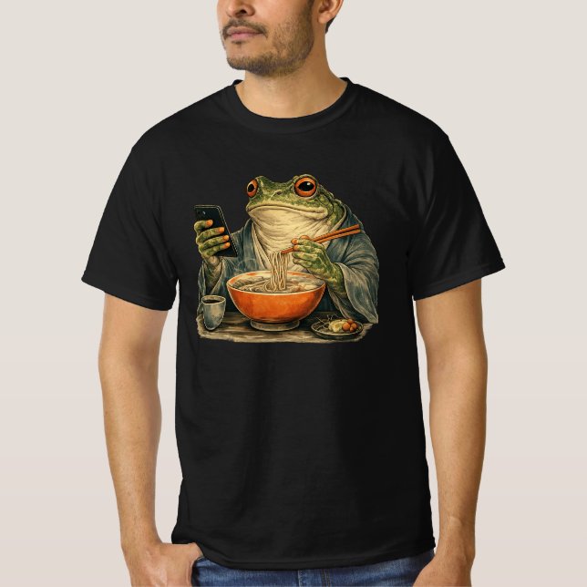 Funny Grumpy Frog Eat Ramen and Scroll Phone Japan T-Shirt (Front)