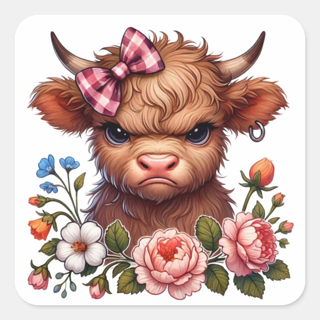 Funny Grumpy Highland cow Floral Square Sticker (Front)