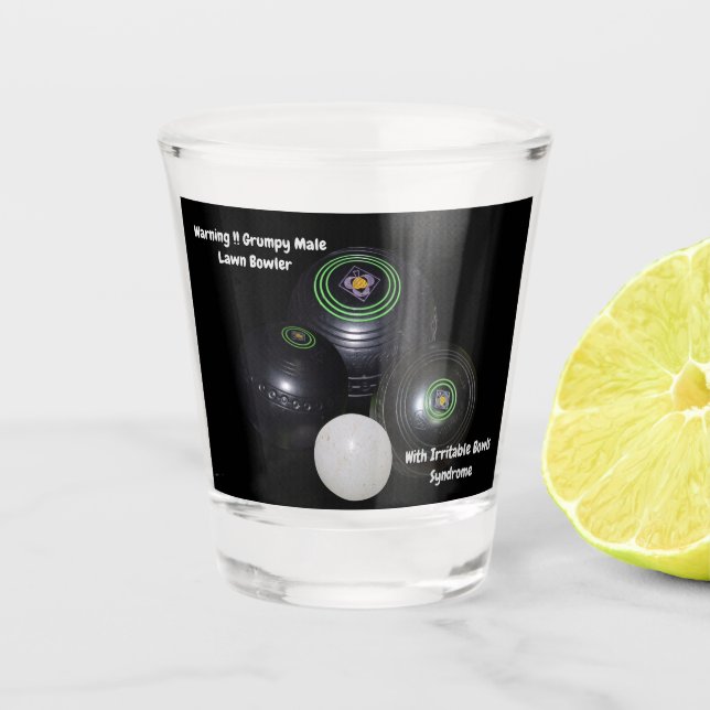 Funny Grumpy Male Lawn Bowler, Shot Glass (Front)