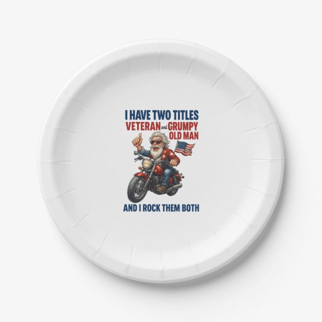Funny Grumpy Old Man Veteran Motorcycle Paper Plate (Front)