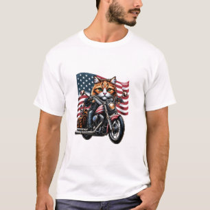 Funny Grunge Cat Riding Motorcycle American flag T-Shirt