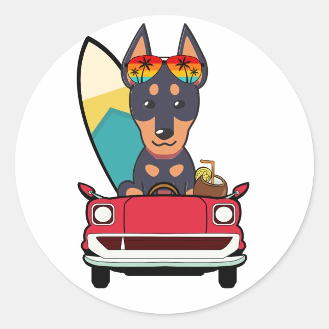 Funny Guard Dog is driving to the beach Classic Round Sticker (Front)